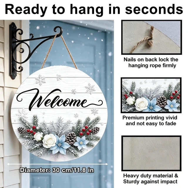 Alt view image 5 of 7 - Winter Welcome Wreath Signs for Front Door, Christmas Hanging Wall Decor
Wooden Hanger for Home Outside Decorations, 11.8in Diameter, Rustic Xmas Gift for Farmhouse Outdoor