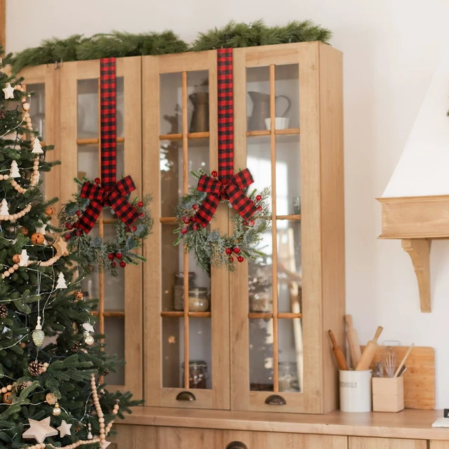 Alt view image 6 of 6 - 2 Pcs 9 Inch Small Christmas Wreaths for Kitchen Cabinet with Ribbon