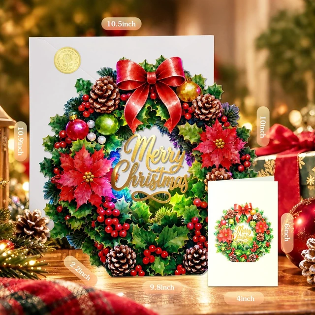 Alt view image 6 of 7 - Musical Christmas Card, 3D Christmas Wreath Door Decor with 3 Songs
Tabletop & Door Hanging Display with Ribbon, Ready to Hang, Music & Light, White Pearl Envelope, Note Card, Seal for Home