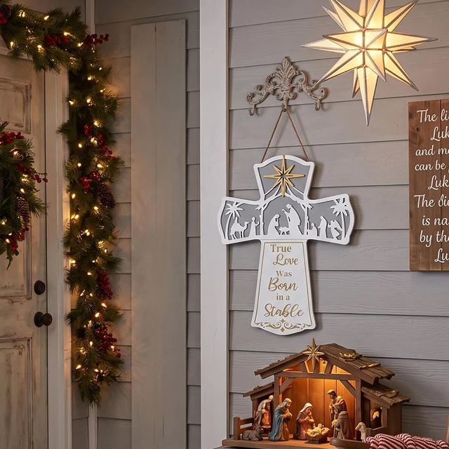 Alt view image 6 of 7 - Christmas Door Decorations, Wood Cross Nativity Scene Set Wall Signs, Wooden Xmas Wreaths for Front Door, Christian Hanging Crafts Gifts, Home Indoor Outdoor Porch Mantel Window Decor