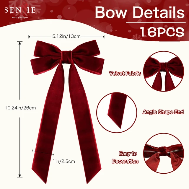 Alt view image 5 of 7 - Velvet Bows for Christmas Tree, Christmas Bows for Gift Wrapping
16Pcs Burgundy Velvet Ribbon Christmas Ornaments for Tree Topper Garland Wreath DIY Holiday Indoor Outdoor Decor, 5"x10"