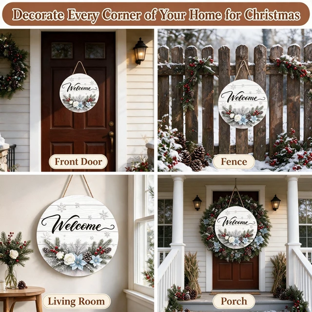 Alt view image 7 of 7 - Winter Welcome Wreath Signs for Front Door, Christmas Hanging Wall Decor
Wooden Hanger for Home Outside Decorations, 11.8in Diameter, Rustic Xmas Gift for Farmhouse Outdoor