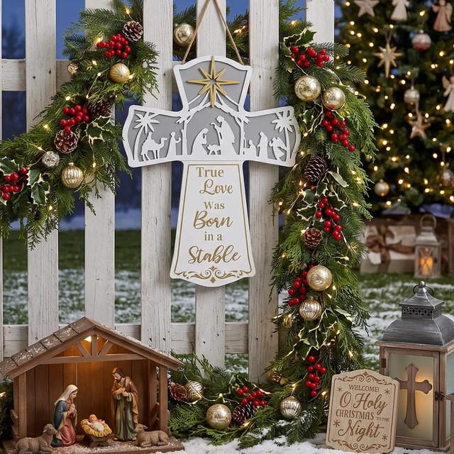 Alt view image 7 of 7 - Christmas Door Decorations, Wood Cross Nativity Scene Set Wall Signs, Wooden Xmas Wreaths for Front Door, Christian Hanging Crafts Gifts, Home Indoor Outdoor Porch Mantel Window Decor