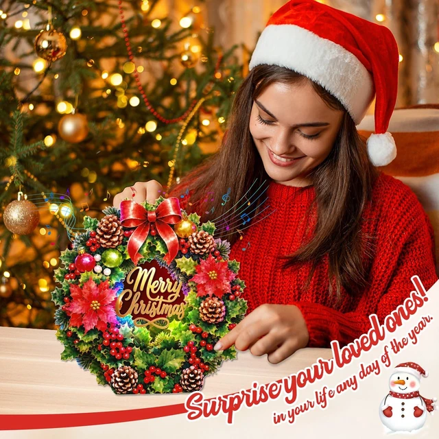 Alt view image 7 of 7 - Musical Christmas Card, 3D Christmas Wreath Door Decor with 3 Songs
Tabletop & Door Hanging Display with Ribbon, Ready to Hang, Music & Light, White Pearl Envelope, Note Card, Seal for Home