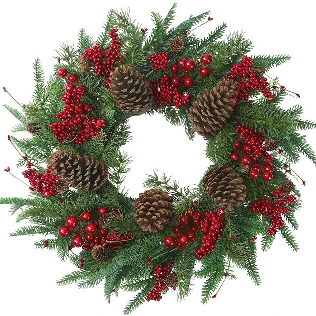 Main image of 22 Artificial Christmas Wreath Norfolk Pine Wreath for Front Door with Pine Needles Red Berries Big Pinecones Christmas Decorations for Winter Farmhouse Wall Indoor Outdoor Home Holiday Xmas Decor