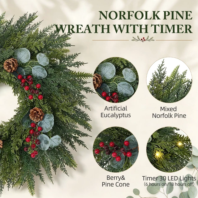 Alt view image 2 of 7 - 24 Inch Christmas Wreaths for Front Door-Norfolk Pine Christmas Door Wreath