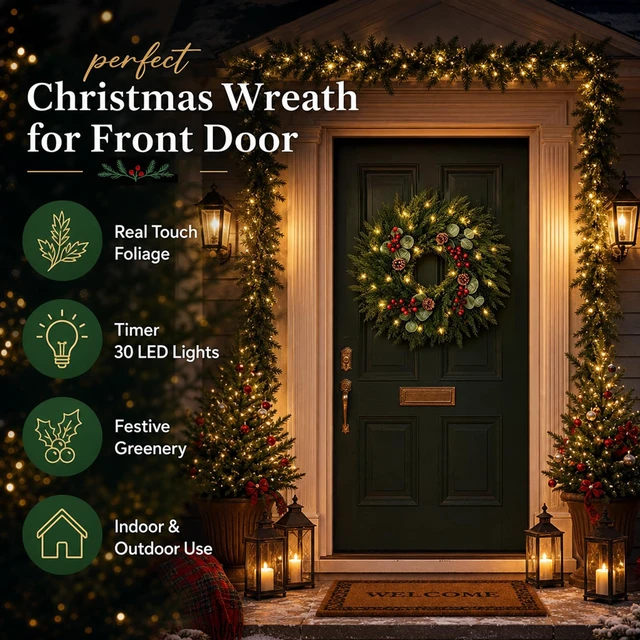 Alt view image 3 of 7 - 24 Inch Christmas Wreaths for Front Door-Norfolk Pine Christmas Door Wreath