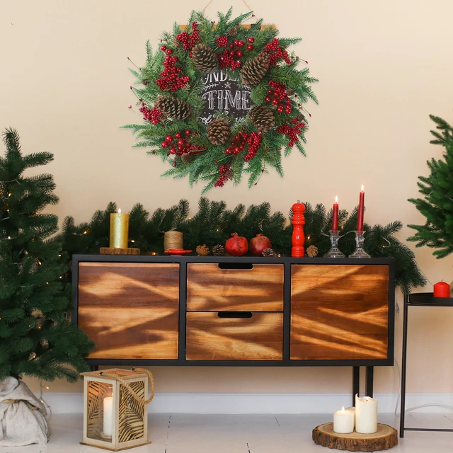 Alt view image 3 of 7 - 22 Artificial Christmas Wreath Norfolk Pine Wreath for Front Door with Pine Needles Red Berries Big Pinecones Christmas Decorations for Winter Farmhouse Wall Indoor Outdoor Home Holiday Xmas Decor