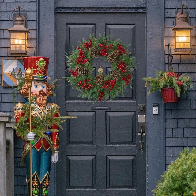 Alt view image 4 of 7 - 22 Artificial Christmas Wreath Norfolk Pine Wreath for Front Door with Pine Needles Red Berries Big Pinecones Christmas Decorations for Winter Farmhouse Wall Indoor Outdoor Home Holiday Xmas Decor