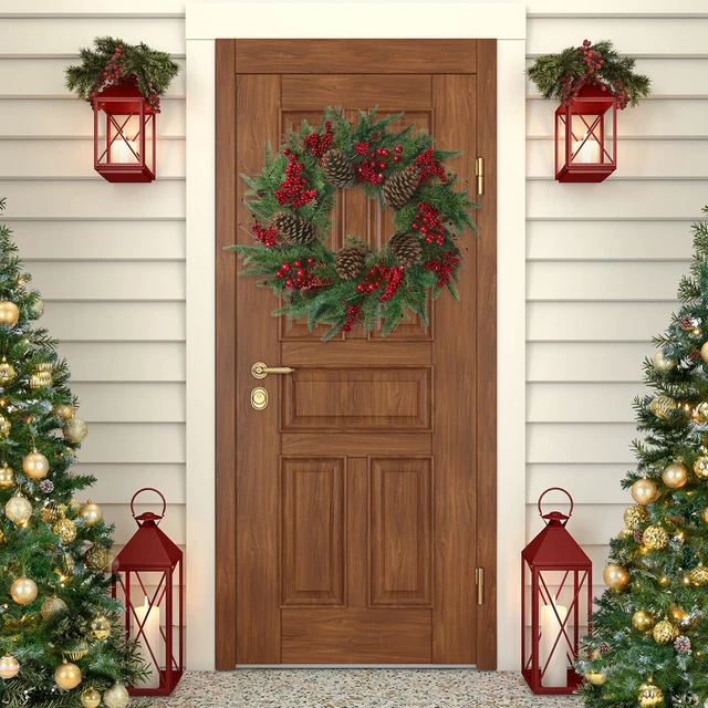 Alt view image 5 of 7 - 22 Artificial Christmas Wreath Norfolk Pine Wreath for Front Door with Pine Needles Red Berries Big Pinecones Christmas Decorations for Winter Farmhouse Wall Indoor Outdoor Home Holiday Xmas Decor