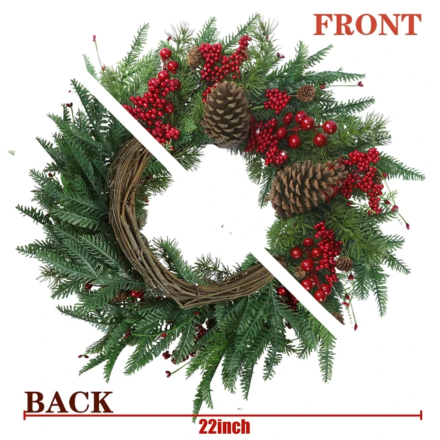 Alt view image 6 of 7 - 22 Artificial Christmas Wreath Norfolk Pine Wreath for Front Door with Pine Needles Red Berries Big Pinecones Christmas Decorations for Winter Farmhouse Wall Indoor Outdoor Home Holiday Xmas Decor