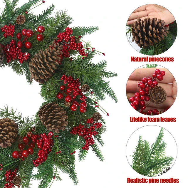 Alt view image 7 of 7 - 22 Artificial Christmas Wreath Norfolk Pine Wreath for Front Door with Pine Needles Red Berries Big Pinecones Christmas Decorations for Winter Farmhouse Wall Indoor Outdoor Home Holiday Xmas Decor