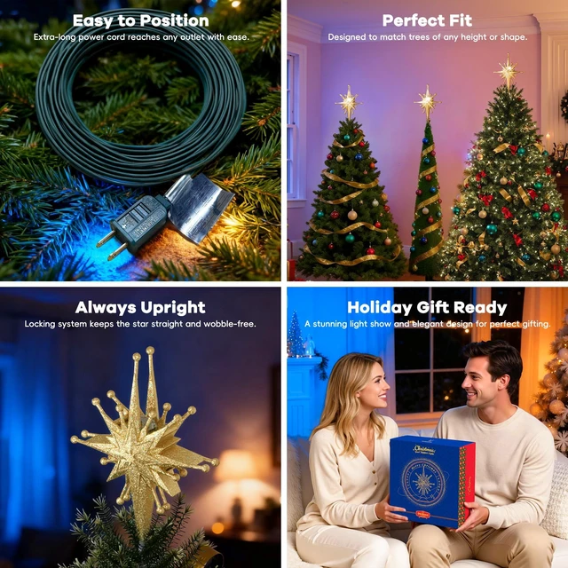 Alt view image 7 of 7 - Christmas Tree Topper with Wide Coverage Light, Starlight Gold
Rotating LED Projection, Wide Coverage, Universal Tree Fit, Stable Base, Easy Installation