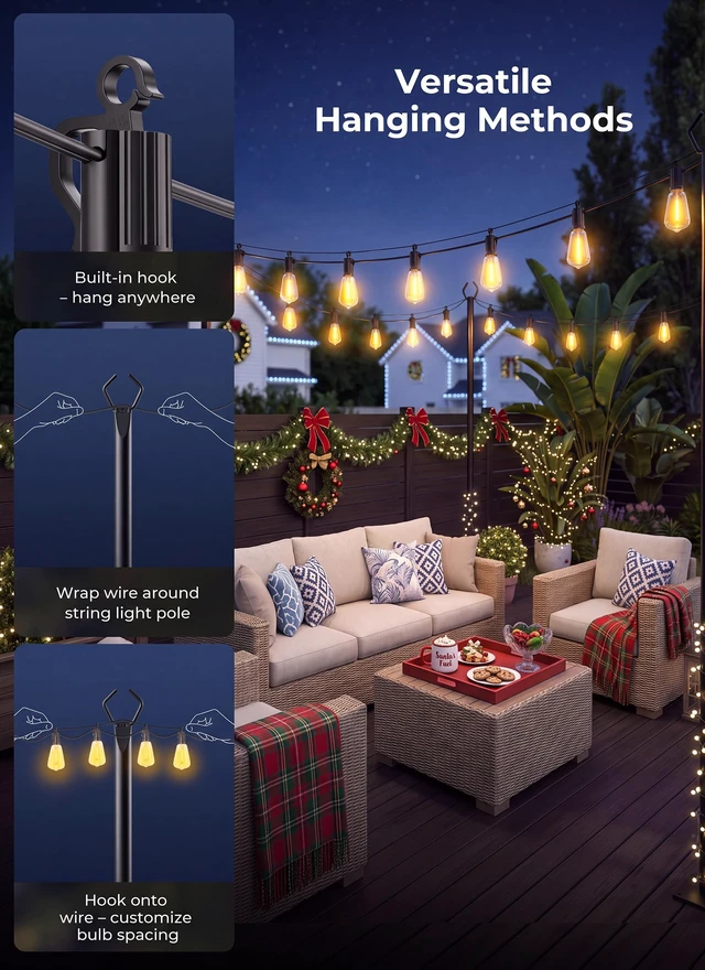 Alt view image 2 of 7 - 52FT Solar String Lights Outdoor Waterproof, Last 30+ Hrs Runtime
15+1 LED Bulbs, USB & Solar Powered, Remote Control & Dimmable Timer, Ideal for Backyard, Garden, Camping & Christmas Decor