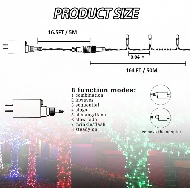 Alt view image 4 of 7 - 164FT 500 LED Christmas Indoor Outdoor Decorative String Lights, 8 Modes Waterproof Green Wire LED Fairy Light for Christmas Party Wedding Garden Home Decoration (Warm White)