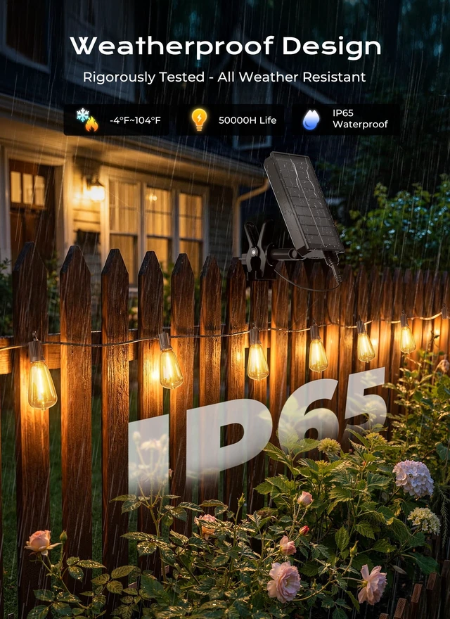 Alt view image 3 of 7 - 52FT Solar String Lights Outdoor Waterproof, Last 30+ Hrs Runtime
15+1 LED Bulbs, USB & Solar Powered, Remote Control & Dimmable Timer, Ideal for Backyard, Garden, Camping & Christmas Decor