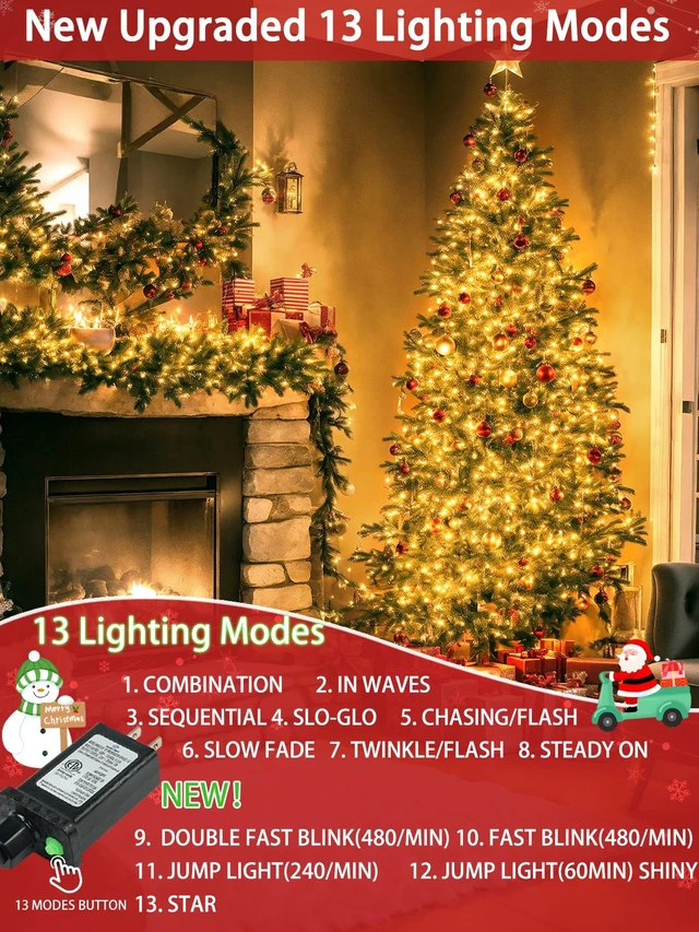 Alt view image 3 of 7 - 2 Pack 200 LED Christmas Lights 13 Modes Extendable Christmas Tree Lights
66FT Waterproof Twinkle Fairy Lights, Green Wire String Lights Outdoor Indoor for Xmas Tree Holiday Party Garden, Warm White