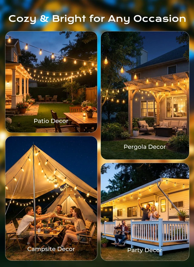 Alt view image 7 of 7 - 52FT Solar String Lights Outdoor Waterproof, Last 30+ Hrs Runtime
15+1 LED Bulbs, USB & Solar Powered, Remote Control & Dimmable Timer, Ideal for Backyard, Garden, Camping & Christmas Decor