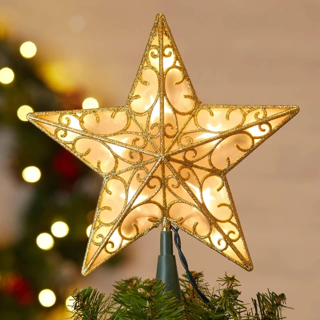 Main image of hristmas Tree Topper Star Gold Glitter Plug in 3D Star Tree Topper Lighted
Hollow Built-in 10 Bulbs Pentagram Sequin Office New Year Holiday Christmas Tree Decorations Indoor Christmas Tree Ornaments