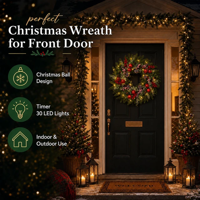 Alt view image 2 of 7 - 24 Inch Christmas Wreaths for Front Door-Pine Artificial Christmas Wreath
Modern Farmhouse Outdoor Christmas Door Wreath, Xmas Wreath with Berries Christmas Balls for Porch Window Wall Indoor Outdoor