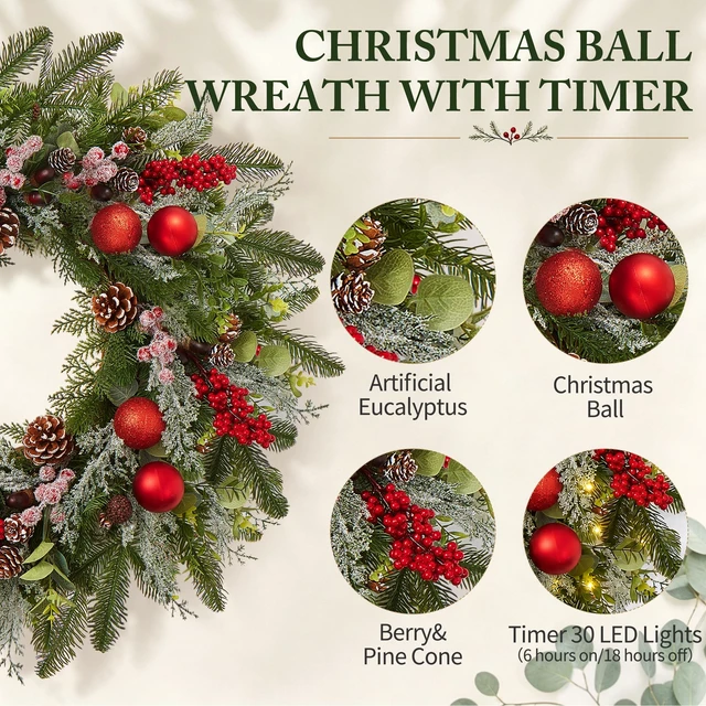 Alt view image 3 of 7 - 24 Inch Christmas Wreaths for Front Door-Pine Artificial Christmas Wreath
Modern Farmhouse Outdoor Christmas Door Wreath, Xmas Wreath with Berries Christmas Balls for Porch Window Wall Indoor Outdoor