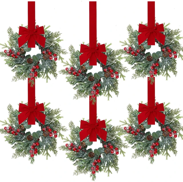 Main image of 6 Pcs Christmas Mini Cabinet Wreaths Norfolk Pine Wreath with Ribbon Bows Red Berry Pinecones Artificial Small Kitchen Wreath for Window Front Door Farmhouse Wall Pillars Xmas Decorations