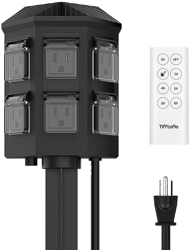 Main image of Outdoor Power Stake Timer, 100FT Remote Control, Dusk to Dawn Christmas Light Timer, 6FT Extension Cord Waterproof, 6 Grounded Outlets for Outdoor Christmas Decorations, ETL Listed