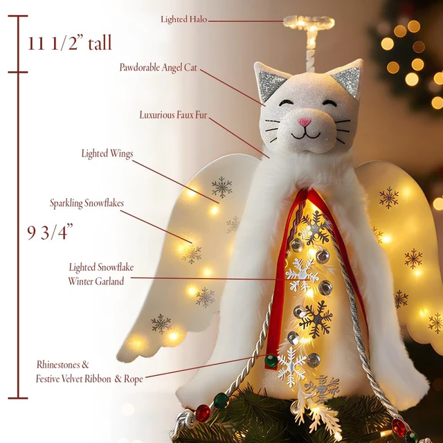 Alt view image 3 of 7 - Christmas Cat Angel Tree Topper with LED Halo
LED Lighted Halo, Snowflake Garland, Wings Decor, Holiday Decoration