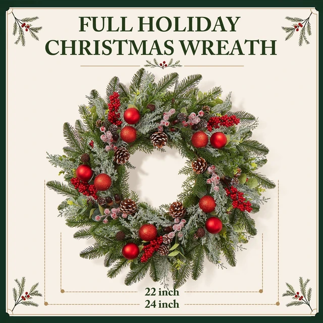 Alt view image 4 of 7 - 24 Inch Christmas Wreaths for Front Door-Pine Artificial Christmas Wreath
Modern Farmhouse Outdoor Christmas Door Wreath, Xmas Wreath with Berries Christmas Balls for Porch Window Wall Indoor Outdoor