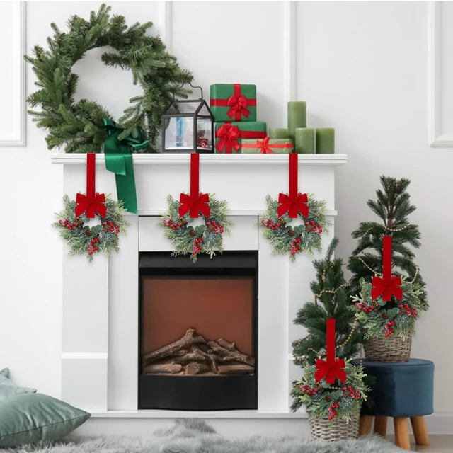 Alt view image 2 of 7 - 6 Pcs Christmas Mini Cabinet Wreaths Norfolk Pine Wreath with Ribbon Bows Red Berry Pinecones Artificial Small Kitchen Wreath for Window Front Door Farmhouse Wall Pillars Xmas Decorations