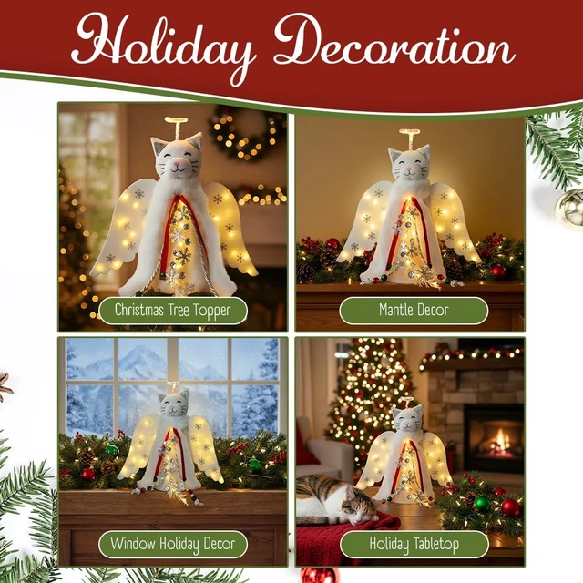 Alt view image 4 of 7 - Christmas Cat Angel Tree Topper with LED Halo
LED Lighted Halo, Snowflake Garland, Wings Decor, Holiday Decoration