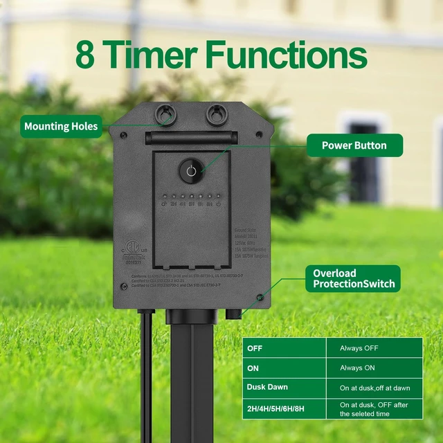 Alt view image 2 of 7 - Outdoor Power Stake Timer, 100FT Remote Control, Dusk to Dawn Christmas Light Timer, 6FT Extension Cord Waterproof, 6 Grounded Outlets for Outdoor Christmas Decorations, ETL Listed