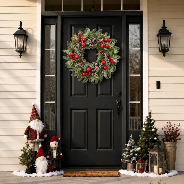 Alt view image 5 of 7 - 24 Inch Christmas Wreaths for Front Door-Pine Artificial Christmas Wreath
Modern Farmhouse Outdoor Christmas Door Wreath, Xmas Wreath with Berries Christmas Balls for Porch Window Wall Indoor Outdoor