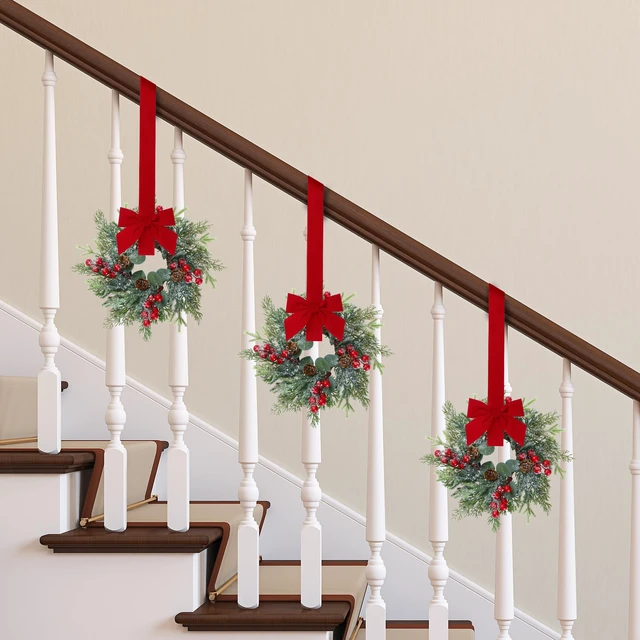 Alt view image 3 of 7 - 6 Pcs Christmas Mini Cabinet Wreaths Norfolk Pine Wreath with Ribbon Bows Red Berry Pinecones Artificial Small Kitchen Wreath for Window Front Door Farmhouse Wall Pillars Xmas Decorations