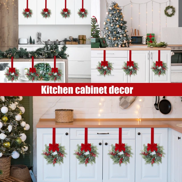 Alt view image 4 of 7 - 6 Pcs Christmas Mini Cabinet Wreaths Norfolk Pine Wreath with Ribbon Bows Red Berry Pinecones Artificial Small Kitchen Wreath for Window Front Door Farmhouse Wall Pillars Xmas Decorations
