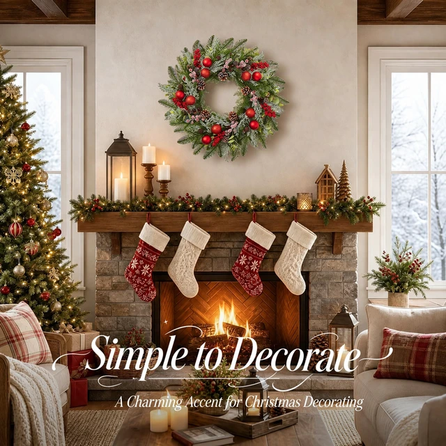 Alt view image 6 of 7 - 24 Inch Christmas Wreaths for Front Door-Pine Artificial Christmas Wreath
Modern Farmhouse Outdoor Christmas Door Wreath, Xmas Wreath with Berries Christmas Balls for Porch Window Wall Indoor Outdoor
