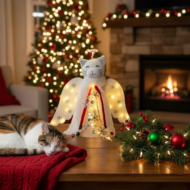 Alt view image 6 of 7 - Christmas Cat Angel Tree Topper with LED Halo
LED Lighted Halo, Snowflake Garland, Wings Decor, Holiday Decoration
