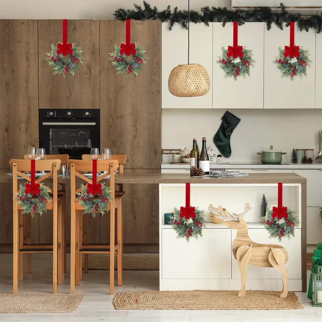 Alt view image 5 of 7 - 6 Pcs Christmas Mini Cabinet Wreaths Norfolk Pine Wreath with Ribbon Bows Red Berry Pinecones Artificial Small Kitchen Wreath for Window Front Door Farmhouse Wall Pillars Xmas Decorations