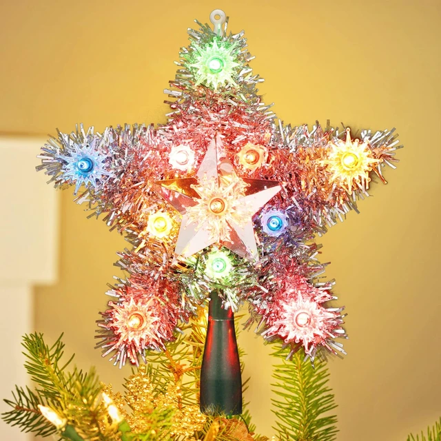 Main image of Colored Star Christmas Topper with Tinsel, 8" Tree Star Decoration
Lighted 5 Point Xmas Tree Top with 11 Lights; Multicolor Star Tree Topper light; light up Star Treetop for Home Holiday Tree