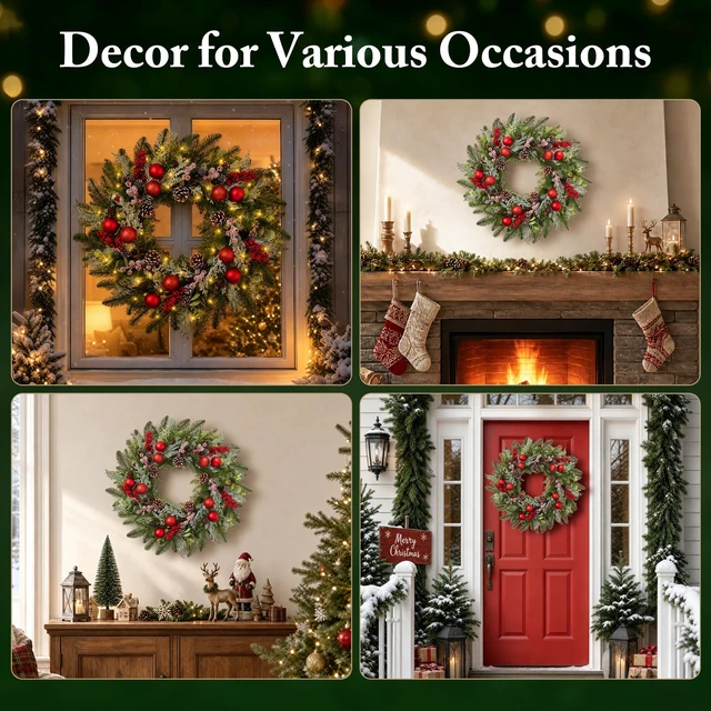 Alt view image 7 of 7 - 24 Inch Christmas Wreaths for Front Door-Pine Artificial Christmas Wreath
Modern Farmhouse Outdoor Christmas Door Wreath, Xmas Wreath with Berries Christmas Balls for Porch Window Wall Indoor Outdoor