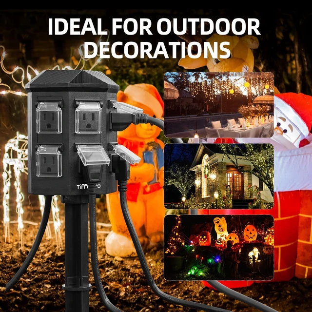 Alt view image 6 of 7 - Outdoor Power Stake Timer, 100FT Remote Control, Dusk to Dawn Christmas Light Timer, 6FT Extension Cord Waterproof, 6 Grounded Outlets for Outdoor Christmas Decorations, ETL Listed