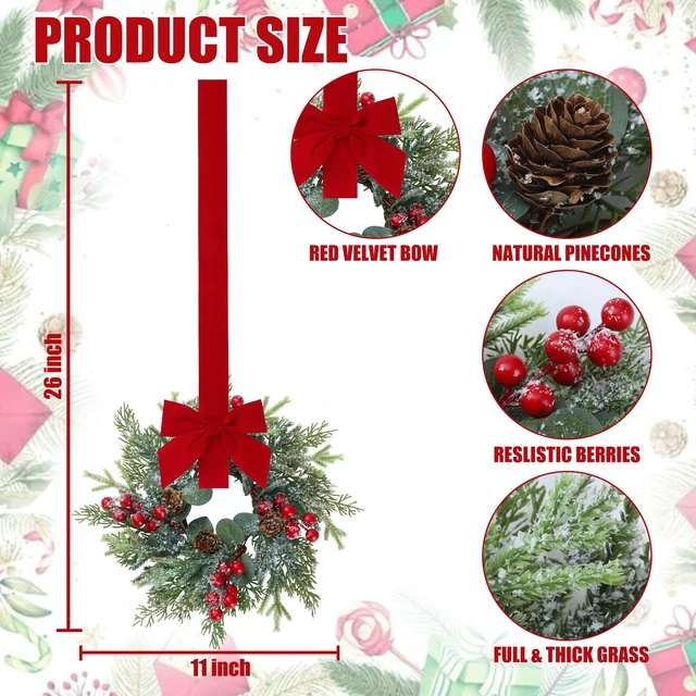 Alt view image 7 of 7 - 6 Pcs Christmas Mini Cabinet Wreaths Norfolk Pine Wreath with Ribbon Bows Red Berry Pinecones Artificial Small Kitchen Wreath for Window Front Door Farmhouse Wall Pillars Xmas Decorations