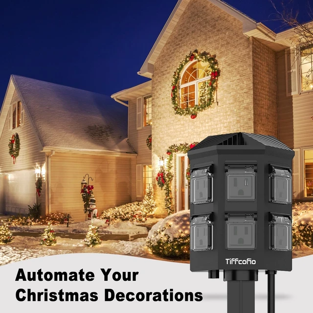 Alt view image 7 of 7 - Outdoor Power Stake Timer, 100FT Remote Control, Dusk to Dawn Christmas Light Timer, 6FT Extension Cord Waterproof, 6 Grounded Outlets for Outdoor Christmas Decorations, ETL Listed