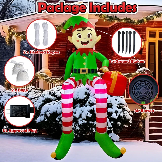 Alt view image 3 of 7 - 8 FT Christmas Inflatable Outdoor Decorations, Sitting Elf Holding Gift Bag Blow Up Christmas Decorations with Built-in LED Lights for Holiday Party Lawn Garden Yard Outdoor Xmas Decorations
