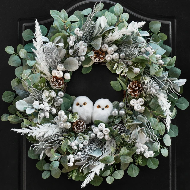 Main image of Winter Wreath for Front Door, 24 Inch Christmas Wreath with Owl Decor, Pine Cones, and Evergreen Greenery, Festive Winter Door Decor, Artificial Holiday Farmhouse Rustic Wreath