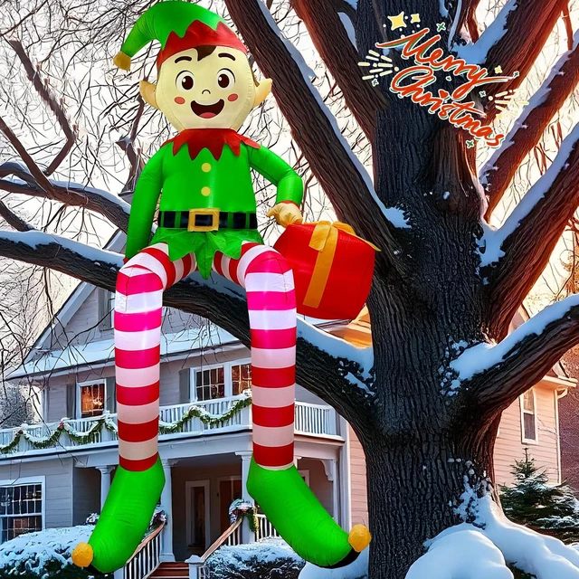 Alt view image 5 of 7 - 8 FT Christmas Inflatable Outdoor Decorations, Sitting Elf Holding Gift Bag Blow Up Christmas Decorations with Built-in LED Lights for Holiday Party Lawn Garden Yard Outdoor Xmas Decorations