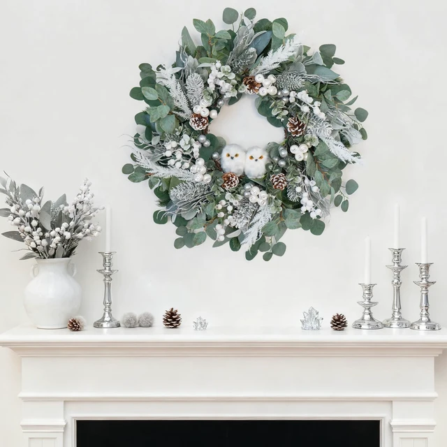 Alt view image 4 of 6 - Winter Wreath for Front Door, 24 Inch Christmas Wreath with Owl Decor, Pine Cones, and Evergreen Greenery, Festive Winter Door Decor, Artificial Holiday Farmhouse Rustic Wreath
