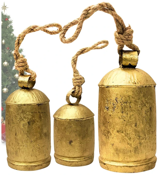 Main image of Decorative Cow Bells Set of 3 Large Harmony Bells - Vintage Giant Christmas Bells, Country Rustic Cowbell on Jute Rope XL Hanging Lucky Golden Bells (4"-6"-8")