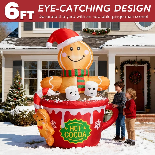 Alt view image 2 of 7 - 6 FT Christmas Inflatables Outdoor Decorations, Cute Christmas Blow Up Yard Decorations Gingerbread Man in Hot Cocoa Mug Scene for Garden Lawn Xmas Decor