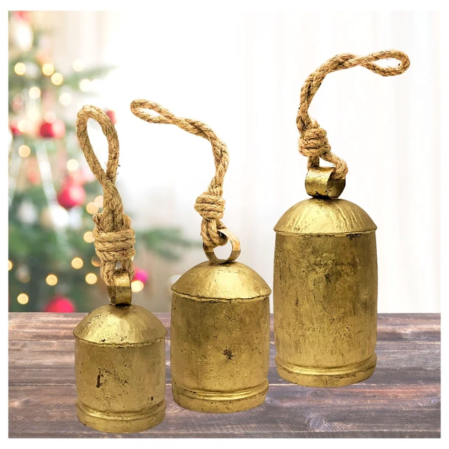 Alt view image 2 of 6 - Decorative Cow Bells Set of 3 Large Harmony Bells - Vintage Giant Christmas Bells, Country Rustic Cowbell on Jute Rope XL Hanging Lucky Golden Bells (4"-6"-8")